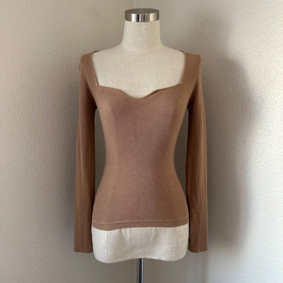 Aritzia Wilfred Sweetheart Sculpt Knit Blouse Long Sleeve Viscose Blend Brown Sz - Picture 1 of 10